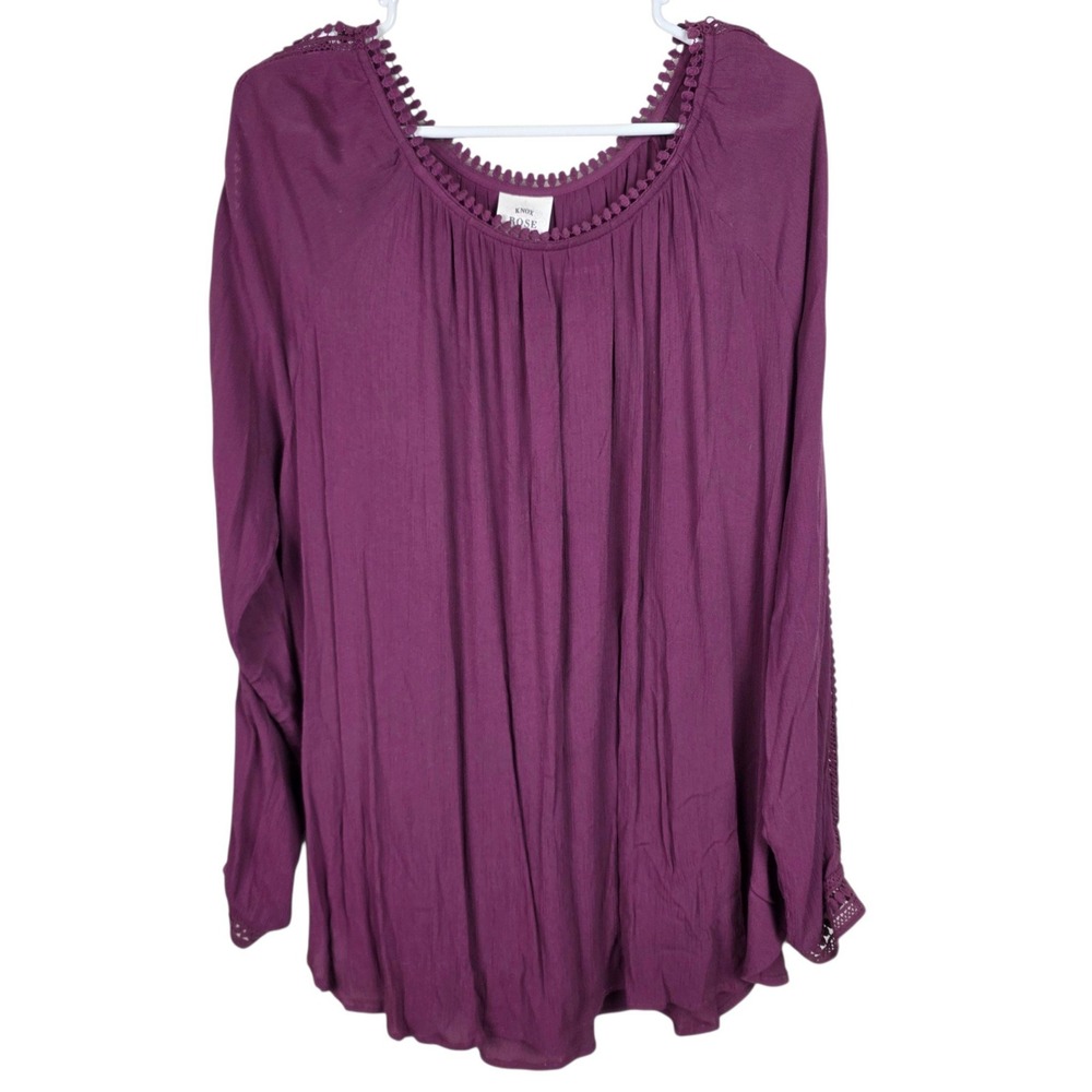 Knox Rose Blouse Women XXL Purple Good Boho Crochet Lace Long Sleeve Scoop Neck